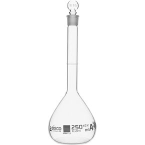 دورق حجمي، 250 مل - الفئة أ، ASTM - التسامح ±0.120 مل - سدادة زجاجية - مفرد، تخرج أبيض - Eisco Labs in Kuwait
