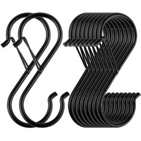 Flammi 20 Pack S Hooks 3.4 Inch Heavy Duty Max 40 Lbs Rack Hooks Stainless Black Metal Hanging Hooks for Pans Pots Kitchenware Mugs Towels Handbags Clothes Plants, Multipurpose Utility Hooks