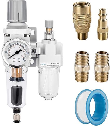 NANPU 1/4" NPT منظم فلتر الهواء التلقائي مجموعة التشحيم (FRL) فاصل مصيدة الماء/الزيت - مقياس (0-150 رطل لكل بوصة مربعة)، عنصر نحاسي 5 ميكرون، وعاء بولي، دعامة معدنية in Kuwait