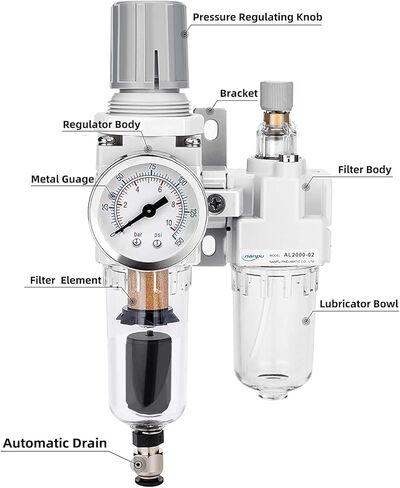 NANPU 1/4" NPT منظم فلتر الهواء التلقائي مجموعة التشحيم (FRL) فاصل مصيدة الماء/الزيت - مقياس (0-150 رطل لكل بوصة مربعة)، عنصر نحاسي 5 ميكرون، وعاء بولي، دعامة معدنية in Kuwait