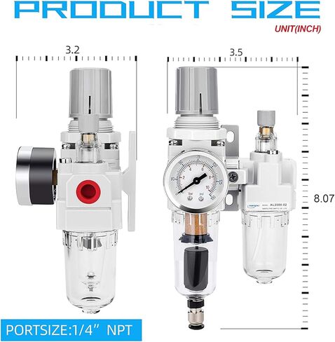 NANPU 1/4" NPT منظم فلتر الهواء التلقائي مجموعة التشحيم (FRL) فاصل مصيدة الماء/الزيت - مقياس (0-150 رطل لكل بوصة مربعة)، عنصر نحاسي 5 ميكرون، وعاء بولي، دعامة معدنية in Kuwait