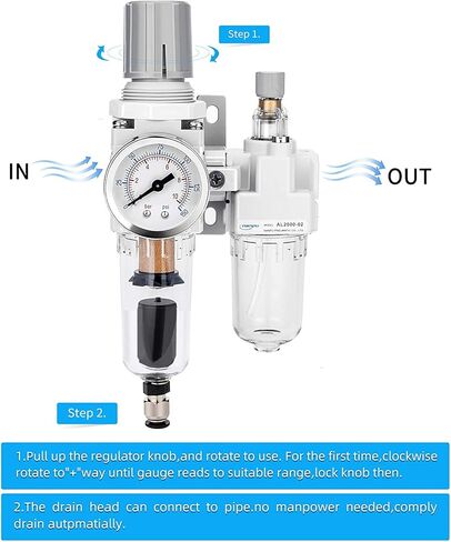 NANPU 1/4" NPT منظم فلتر الهواء التلقائي مجموعة التشحيم (FRL) فاصل مصيدة الماء/الزيت - مقياس (0-150 رطل لكل بوصة مربعة)، عنصر نحاسي 5 ميكرون، وعاء بولي، دعامة معدنية in Kuwait