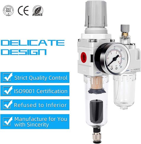NANPU 1/4" NPT منظم فلتر الهواء التلقائي مجموعة التشحيم (FRL) فاصل مصيدة الماء/الزيت - مقياس (0-150 رطل لكل بوصة مربعة)، عنصر نحاسي 5 ميكرون، وعاء بولي، دعامة معدنية in Kuwait