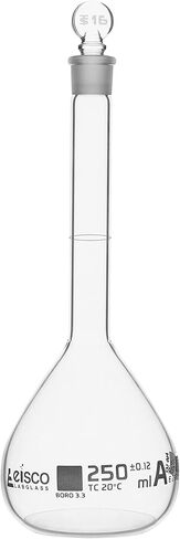 دورق حجمي، 250 مل - الفئة أ، ASTM - التسامح ±0.120 مل - سدادة زجاجية - مفرد، تخرج أبيض - Eisco Labs in Kuwait