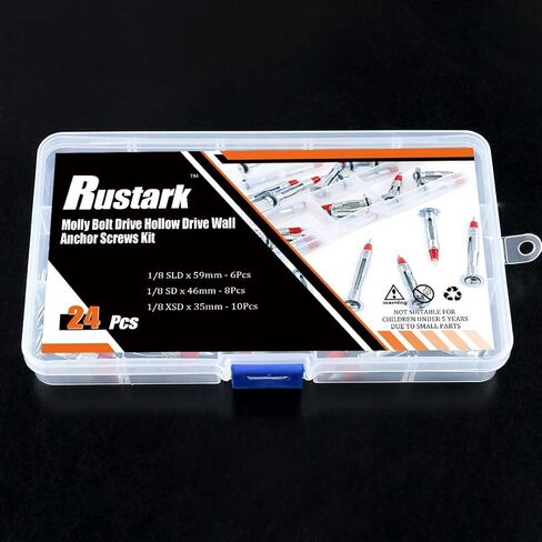 مجموعة متنوعة من مسامير تثبيت للمحرك مولي طويلة ومطلية بالزنك من Rustark 24 قطعة 35/46/59 مم مطلية بالزنك الثقيلة مولي مولي مقود للحائط المجوف مجموعة متنوعة للجدران الجافة المعلقة أو لوحات in Kuwait