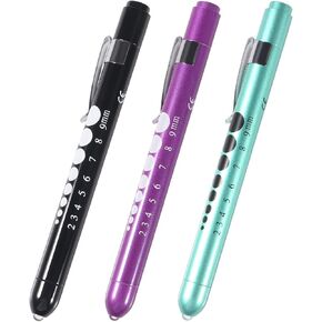 3pcs Pen Light,Nurse Medical Reusable LED Penlight White Light with Pupil Gauge and Ruler (Teal + Purple + Rose Gold)