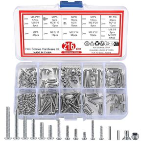 216 قطعة من مسامير وصواميل غطاء الرأس ذات المقبس السداسي، مجموعة متنوعة من براغي الماكينة المصنوعة من الفولاذ المقاوم للصدأ، مجموعة أدوات براغي سداسية الرأس - M1.5/M1.6/M2/M2.5/M3 in Kuwait