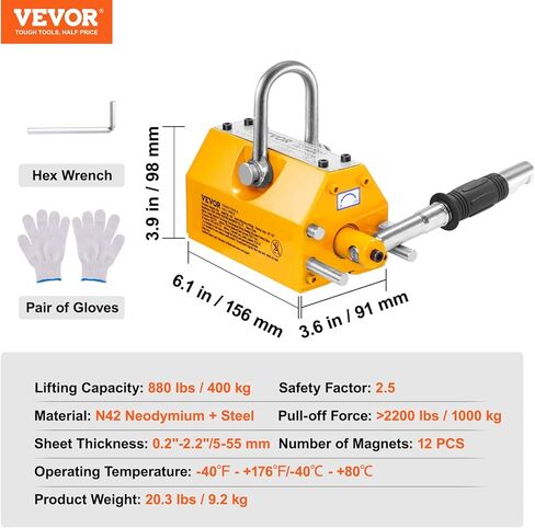 رافع مغناطيسي VEVOR، سعة سحب 2200 رطل/1000 كجم، عامل أمان 2.5، النيوديميوم والفولاذ، مغناطيس رفع مع إطلاق، مغناطيس رفع دائم، مغناطيس عالي التحمل للرافعة، رافعة متجر، كتلة، لوح in Kuwait