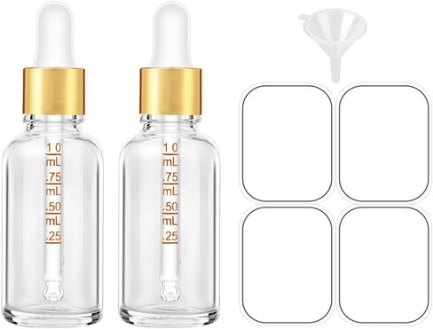 زجاجة قطارة شفافة بسعة 1 اونصة، زجاجات قطارة زجاجية باموبوم 30 مل مع قياس وغطاء علوي ذهبي للزيوت العطرية، عبوتان من زجاجة صبغة مع ملصقات وقمع in Kuwait