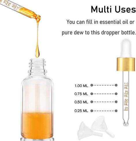 زجاجة قطارة شفافة بسعة 1 اونصة، زجاجات قطارة زجاجية باموبوم 30 مل مع قياس وغطاء علوي ذهبي للزيوت العطرية، عبوتان من زجاجة صبغة مع ملصقات وقمع in Kuwait