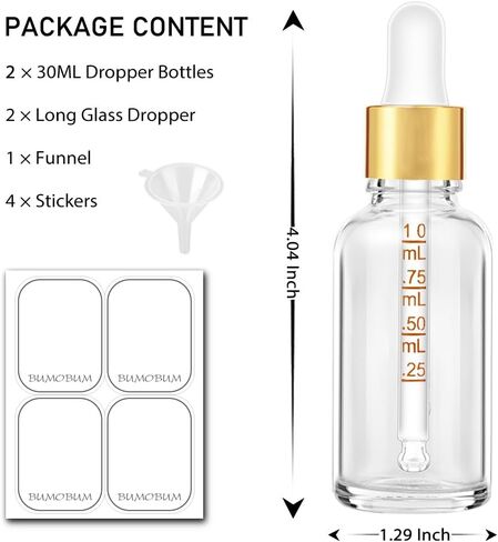 زجاجة قطارة شفافة بسعة 1 اونصة، زجاجات قطارة زجاجية باموبوم 30 مل مع قياس وغطاء علوي ذهبي للزيوت العطرية، عبوتان من زجاجة صبغة مع ملصقات وقمع in Kuwait