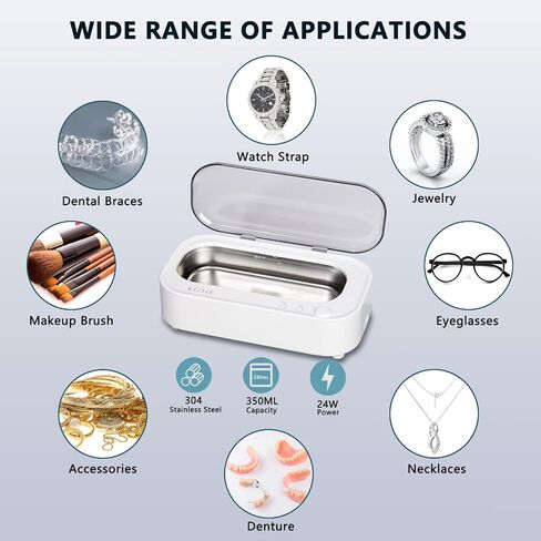 Ultrasonic Jewelry Cleaner Pod Machine - 48Khz Denture Cleaner, Ultrasonic Cleaner Machine for Eye Glasses, Ring, Earring, Necklaces, Watch Strap, Makeup Brush, 304 Stainless Steel Tank with 12OZ in Saudi Arabia