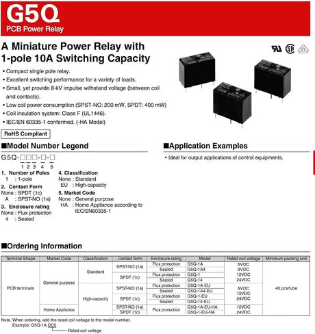 OMRON (G5Q-14-EU 12DC & EEU-EB1J221) مرحل الطاقة، SPDT، 12VDC، SPDT 12VDC ClassF عالي السعة، مختوم، 220 درجة فهرنهايت، 65 فولت، مكثف in Kuwait
