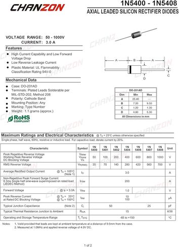 (Pack of 50 Pieces) Chanzon 1N5406 Rectifier Diode 3A 600V DO-201AD (DO-27) Axial 5406 IN5406 3 Amp 600 Volt Electronic Silicon Diodes in Saudi Arabia