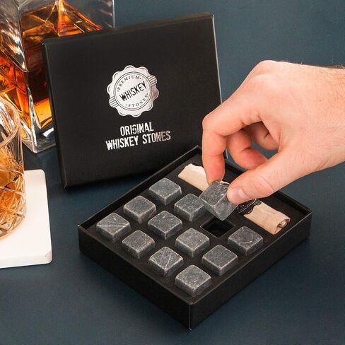 Premium Whiskey Stones Gift Set with 12 Pcs Stones and Bag. Whiskey, Bourbon, Cognac, Scotch,Gin, Wine Beverage. Marble Reusable Ice Cubes. Birthday Gift for Whiskey Lovers.… (Dark Grey) in Saudi Arabia