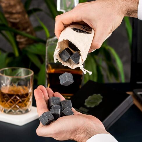 Premium Whiskey Stones Gift Set with 12 Pcs Stones and Bag. Whiskey, Bourbon, Cognac, Scotch,Gin, Wine Beverage. Marble Reusable Ice Cubes. Birthday Gift for Whiskey Lovers.… (Dark Grey) in Saudi Arabia