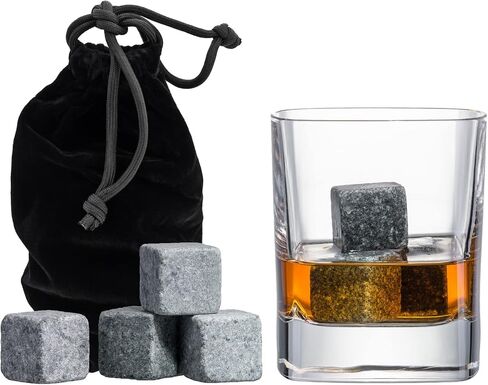 Set of 9 Grey Beverage Chilling Stones [Chill Rocks] Whiskey Stones for Whiskey and Other Beverages - in Gift Box with Velvet Carrying Pouch - Made of 100% Pure Soapstone - by Quiseen in Saudi Arabia