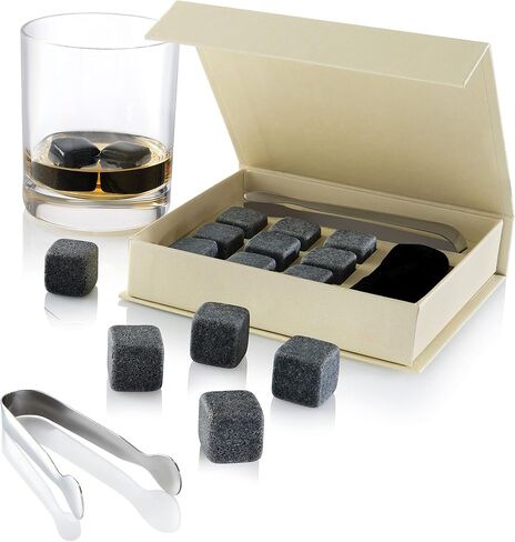 Set of 9 Grey Beverage Chilling Stones [Chill Rocks] Whiskey Stones for Whiskey and Other Beverages - in Gift Box with Velvet Carrying Pouch - Made of 100% Pure Soapstone - by Quiseen in Saudi Arabia