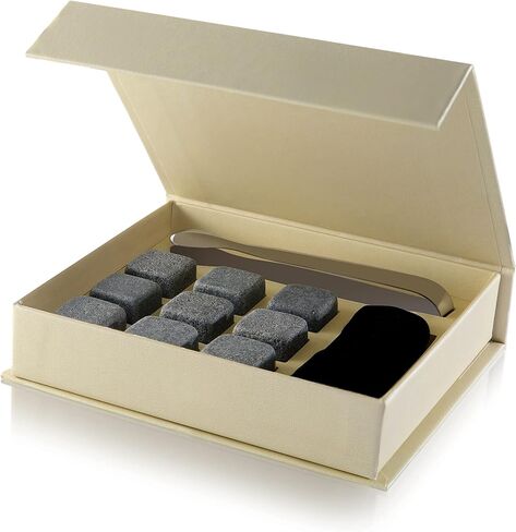 Set of 9 Grey Beverage Chilling Stones [Chill Rocks] Whiskey Stones for Whiskey and Other Beverages - in Gift Box with Velvet Carrying Pouch - Made of 100% Pure Soapstone - by Quiseen in Saudi Arabia