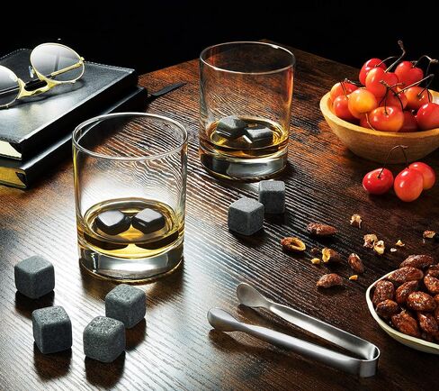 Set of 9 Grey Beverage Chilling Stones [Chill Rocks] Whiskey Stones for Whiskey and Other Beverages - in Gift Box with Velvet Carrying Pouch - Made of 100% Pure Soapstone - by Quiseen in Saudi Arabia