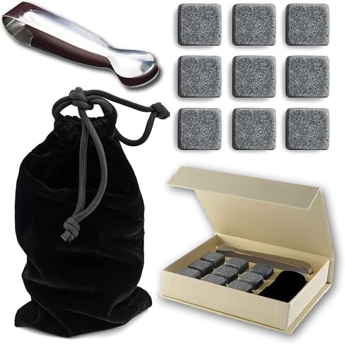 Set of 9 Grey Beverage Chilling Stones [Chill Rocks] Whiskey Stones for Whiskey and Other Beverages - in Gift Box with Velvet Carrying Pouch - Made of 100% Pure Soapstone - by Quiseen in Saudi Arabia