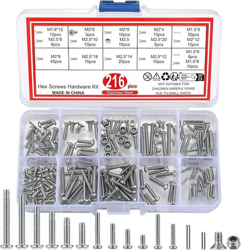 216 قطعة من مسامير وصواميل غطاء الرأس ذات المقبس السداسي، مجموعة متنوعة من براغي الماكينة المصنوعة من الفولاذ المقاوم للصدأ، مجموعة أدوات براغي سداسية الرأس - M1.5/M1.6/M2/M2.5/M3 in Kuwait
