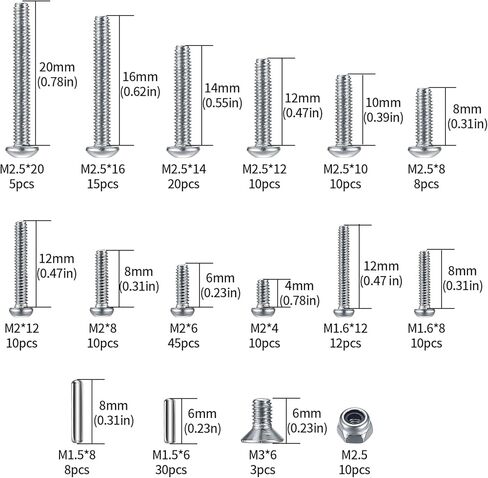 216 قطعة من مسامير وصواميل غطاء الرأس ذات المقبس السداسي، مجموعة متنوعة من براغي الماكينة المصنوعة من الفولاذ المقاوم للصدأ، مجموعة أدوات براغي سداسية الرأس - M1.5/M1.6/M2/M2.5/M3 in Kuwait
