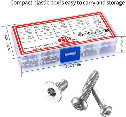 216 قطعة من مسامير وصواميل غطاء الرأس ذات المقبس السداسي، مجموعة متنوعة من براغي الماكينة المصنوعة من الفولاذ المقاوم للصدأ، مجموعة أدوات براغي سداسية الرأس - M1.5/M1.6/M2/M2.5/M3 in Kuwait