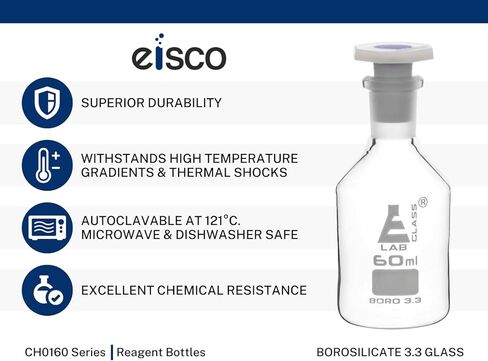 EISCO 1000mL (33.8oz) Glass Reagent Bottle with Acid Proof Polypropylene Stopper, Borosilicate 3.3 Glass Labs in Saudi Arabia