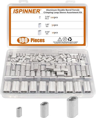 مجموعة متنوعة من الأكمام الدائرية من الألومنيوم 180 قطعة من ISPINNER، 1/16 بوصة 1/8 بوصة 3/16 بوصة حلقة أسطوانية مزدوجة لخط كابل حبل الأسلاك M1.5 M3 M5 in Saudi Arabia