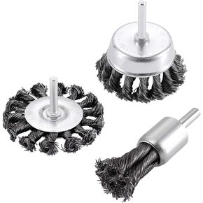 TILAX 3'' Wire Wheel Cup Brush End Brush Set 3 Pcs, Wire Brush for Drill 1/4 Inch Arbor 0.019" Carbon Steel Knotted Wire Brush Drill Bit, Drill Wire Brush Attachment, Rust Removal