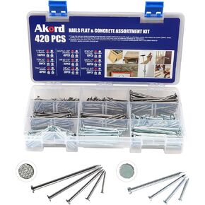 Akord Nails Flat & Concrete Assortment Kit 420pc, 1" to 2-1/2", Bright Steel Flat Head Nails, Zinc Plated Hardened Concrete Nails, in Saudi Arabia