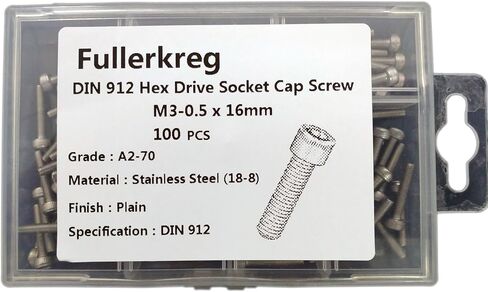 مسامير غطاء رأس المقبس Fullerkreg m3 x 8 مم، محرك مقبس Allen، Din 912، AISI 304 الفولاذ المقاوم للصدأ (18-8)، خيط كامل، لمسة نهائية لامعة، خيط الآلة، الكمية 100 in Kuwait