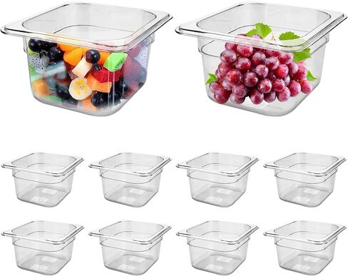 10 عبوات من مقالي الطعام البلاستيكية الشفافة من SHUESS، مقاس 1/6 مقاس 4 بوصات وعاء PET عميق قابل للتكديس مع مؤشر للسعة، حاويات تخزين طعام تجارية مربعة للفواكه والخضروات والذرة والفاصوليا in Kuwait