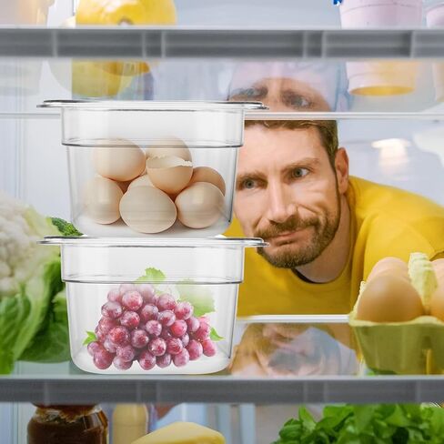 10 عبوات من مقالي الطعام البلاستيكية الشفافة من SHUESS، مقاس 1/6 مقاس 4 بوصات وعاء PET عميق قابل للتكديس مع مؤشر للسعة، حاويات تخزين طعام تجارية مربعة للفواكه والخضروات والذرة والفاصوليا in Kuwait