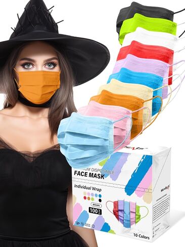 أقنعة وجه ملونة من ميكروبيتس للاستعمال مرة واحدة، 100 عبوة، 10 ألوان، 4 طبقات، قناع وجه ملفوف بشكل فردي، أقنعة ملونة مريحة قابلة للتنفس للبالغين والرجال والنساء in Kuwait