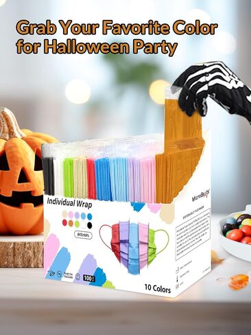 أقنعة وجه ملونة من ميكروبيتس للاستعمال مرة واحدة، 100 عبوة، 10 ألوان، 4 طبقات، قناع وجه ملفوف بشكل فردي، أقنعة ملونة مريحة قابلة للتنفس للبالغين والرجال والنساء in Kuwait