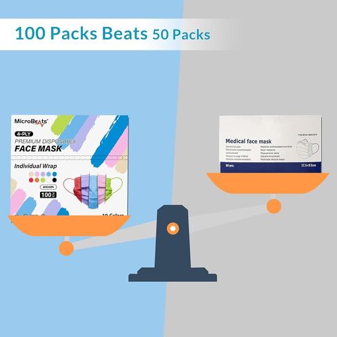 أقنعة وجه ملونة من ميكروبيتس للاستعمال مرة واحدة، 100 عبوة، 10 ألوان، 4 طبقات، قناع وجه ملفوف بشكل فردي، أقنعة ملونة مريحة قابلة للتنفس للبالغين والرجال والنساء in Kuwait