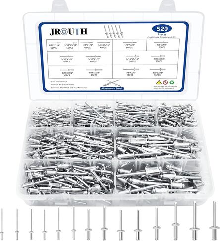 520PCS Pop Rivets Assortment Kit, JROUTH 14 Common Sizes Aluminum Rivets-3/32" 1/8" 5/32" 3/16" 1/4", Assortment Blind Rivets Widely Used in Construction, Automobile, Ship, Machine, Furniture etc. in Kuwait