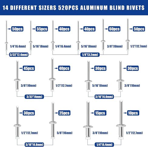 520PCS Pop Rivets Assortment Kit, JROUTH 14 Common Sizes Aluminum Rivets-3/32" 1/8" 5/32" 3/16" 1/4", Assortment Blind Rivets Widely Used in Construction, Automobile, Ship, Machine, Furniture etc. in Kuwait