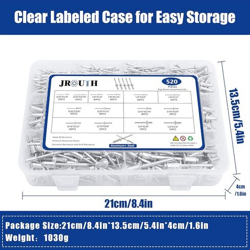 520PCS Pop Rivets Assortment Kit, JROUTH 14 Common Sizes Aluminum Rivets-3/32" 1/8" 5/32" 3/16" 1/4", Assortment Blind Rivets Widely Used in Construction, Automobile, Ship, Machine, Furniture etc. in Kuwait