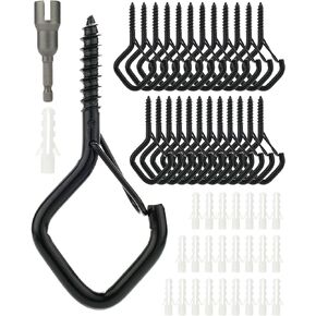 Katerk Cup Screw-in Hooks for Outdoor String Lights w/Safety Buckle, 10 Pack Windproof Ceiling Hooks for Hanging Plants, Square Snap Hanger Hook for Outside Patio Basket, Christmas Ornament
