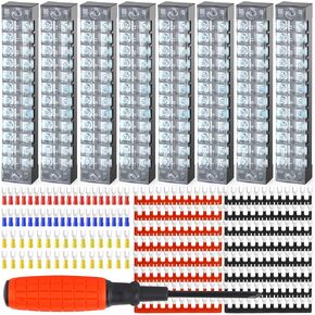 QCQIANG 8pcs Terminal Block, 15A 4 Positions Dual Row Screw Terminal Strip Block with Cover + 70Pcs Insulated Fork Wire Connector + 16Pcs Insulated Terminals Barrier Strip