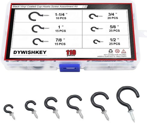 DYWISHKEY خطافات براغي للتعليق، 110 قطعة 6 أحجام مجموعة خطافات الأكواب، خطافات سقف مطلية بالفينيل حامل خطافات لولبية للمنزل والمكتب ومكان العمل، أبيض (1/2"، 5/8"، 3/4"، 7/8" ، 1 بوصة، 1-1/4") in Kuwait