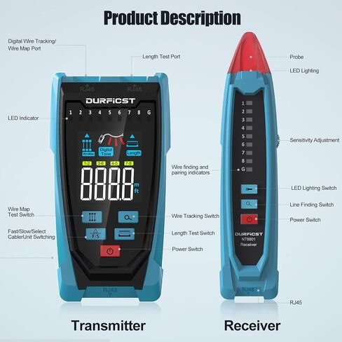 جهاز اختبار كابل الشبكة، جهاز اختبار كابل إيثرنت DURFICST NT8801، موقع مسافة الخطأ واختبار طول الكابل باستخدام تقنية TDR، شاشة ملونة 2.5 بوصة، جهاز اختبار شبكة RJ45 RJ11 مع حقيبة قماش in Kuwait