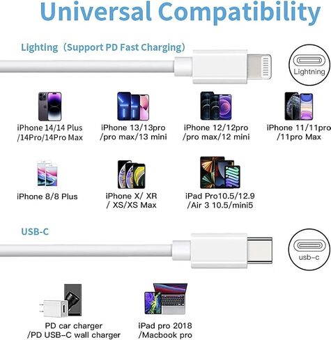 USB C to Lightning Cable Apple MFi Certified 3Pack 6FT iPhone Fast Charger Power Delivery Type Charging Cord Compatible with 14 13 Pro Max 12 11 XS XR X 8 iPad,White in Saudi Arabia