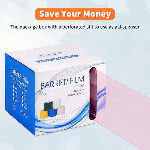 Annhua Barrier Film Dental Surface Barriers Adhesive Tape Sheets, Pink Dental Barrier Tape Tattoo Tape 4" x 6" Disposable Barrier Sheets with Edge Dispenser Box - 1200 Sheets|1 Roll in Kuwait