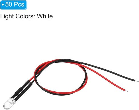 PATIKIL 3V - 6V 5 مم LED صمامات باعثة للضوء، 50 حزمة سلكية مسبقًا لمبات LED صغيرة لمبة باعثة للضوء لتزيين إضاءة مؤشر RC DIY، أبيض in Kuwait
