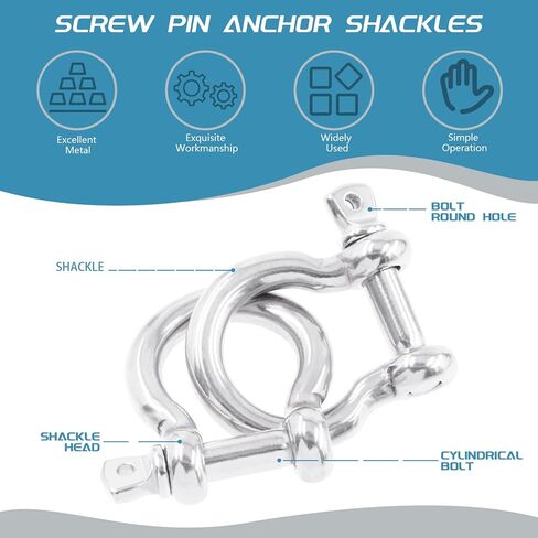 Cimeton 6 قطع M10 304 الفولاذ المقاوم للصدأ D حلقة تكبل، دبوس لولبي مرساة تكبل، شكل القوس تحميل المشبك الأجهزة البحرية للجر أسلاك الفولاذ in Kuwait