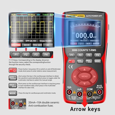 ANENG 2 في 1 جهاز راسم الذبذبات Haneheld متعدد قناة واحدة عرض النطاق الترددي 10 ميجا هرتز، طول سجل 64 كيلو بايت، معدل أخذ العينات العالي 48 مللي ثانية في الثانية، 9999 عدد مع شاشة IPS 2.8 بوصة، يقيس اختبار تيار الجهد الكهربي DC/AC in Kuwait